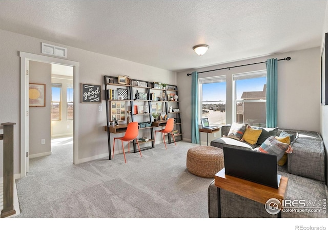 carpeted living room featuring a textured ceiling