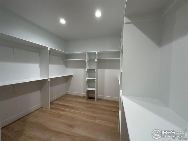 walk in closet with light hardwood / wood-style flooring