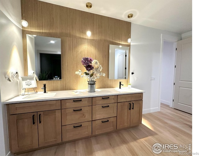 bathroom with hardwood / wood-style floors and vanity