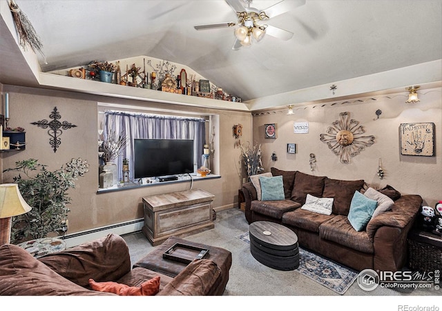 carpeted living room featuring vaulted ceiling and a baseboard heating unit