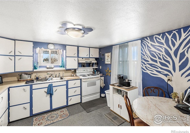 kitchen featuring white electric range oven, sink, white cabinetry, and a textured ceiling