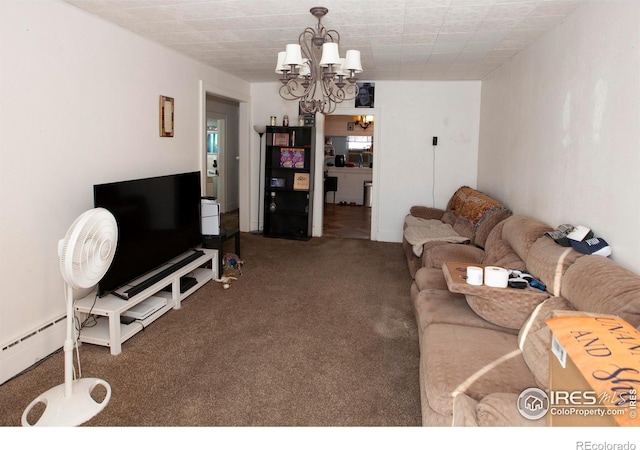 carpeted living room featuring an inviting chandelier