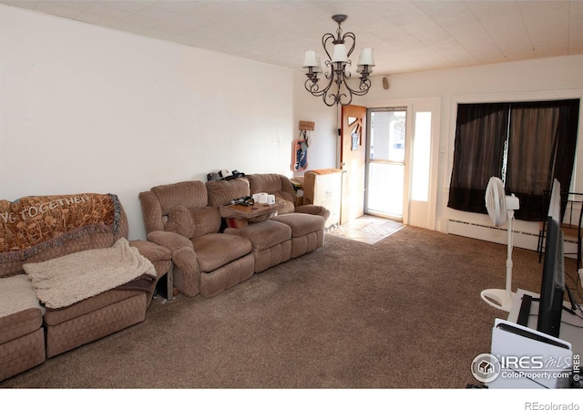 living room featuring carpet flooring, a baseboard radiator, and a chandelier