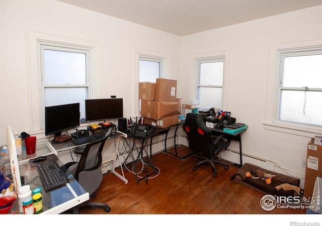 office space with a healthy amount of sunlight and dark hardwood / wood-style floors