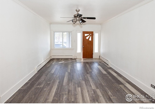 foyer with dark wood-type flooring, ornamental molding, and a baseboard radiator