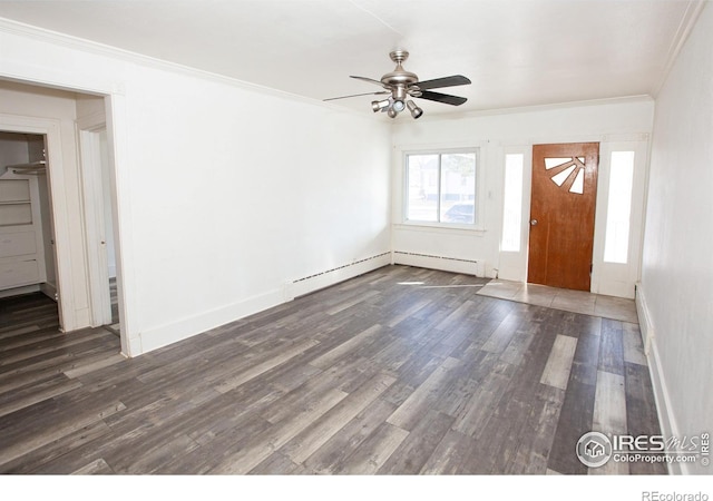 entryway with ceiling fan, ornamental molding, and dark hardwood / wood-style floors