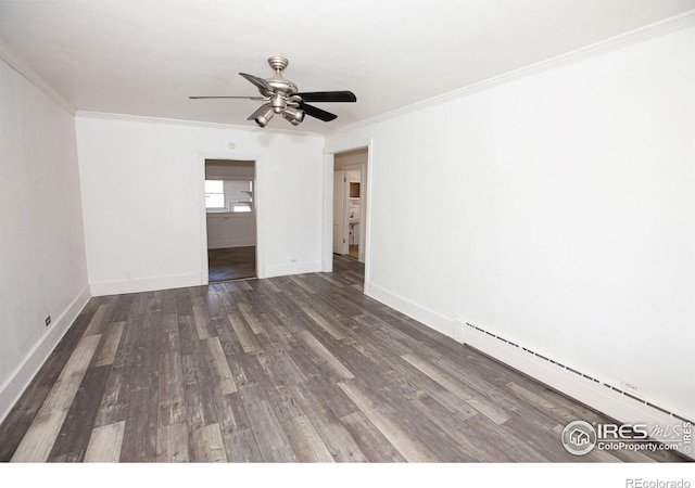 empty room with baseboard heating, ceiling fan, ornamental molding, and dark hardwood / wood-style flooring