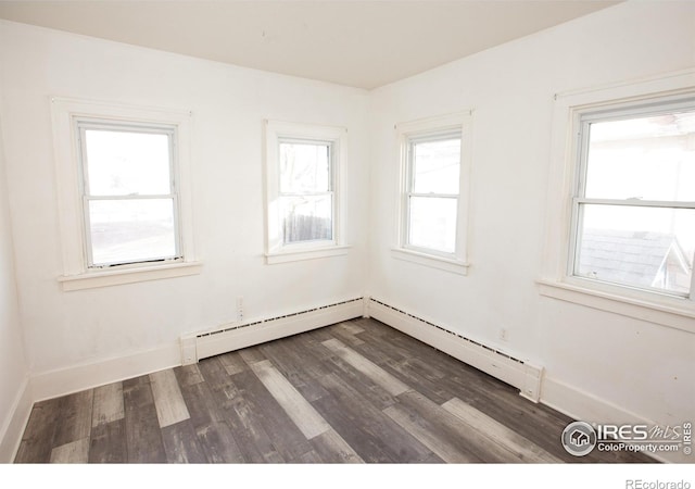 spare room featuring dark wood-type flooring and a baseboard radiator