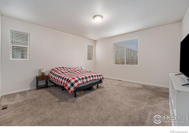 bedroom featuring carpet floors and a textured ceiling