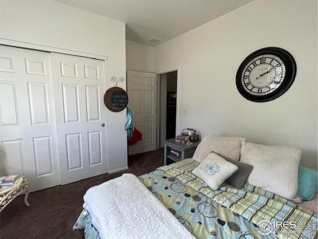 carpeted bedroom with a closet