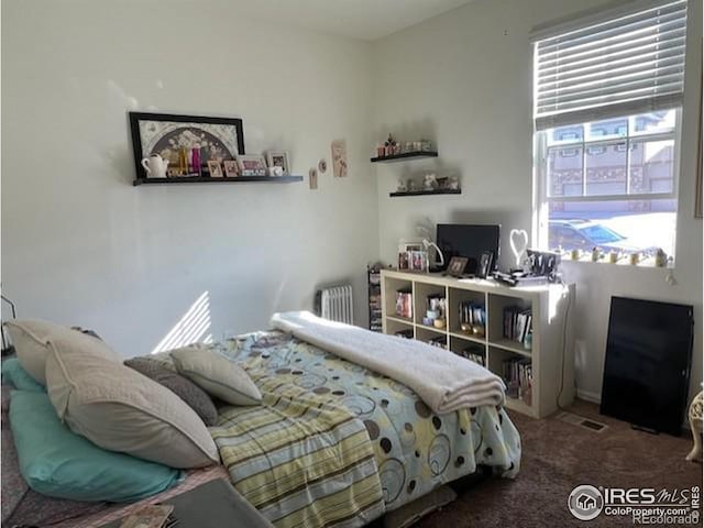 carpeted bedroom featuring radiator heating unit