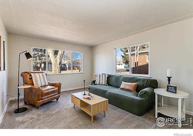 carpeted living area with a textured ceiling and baseboards