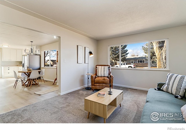 living area featuring light colored carpet, a textured ceiling, and baseboards