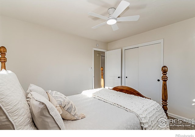 bedroom featuring a closet, ceiling fan, and baseboards