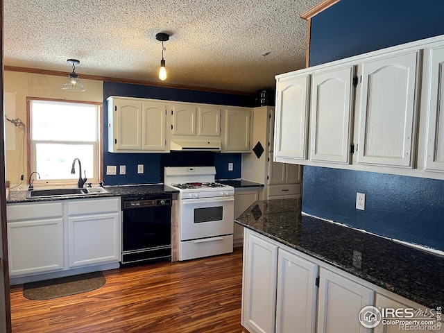 kitchen with dishwasher, white cabinetry, white gas range, and sink