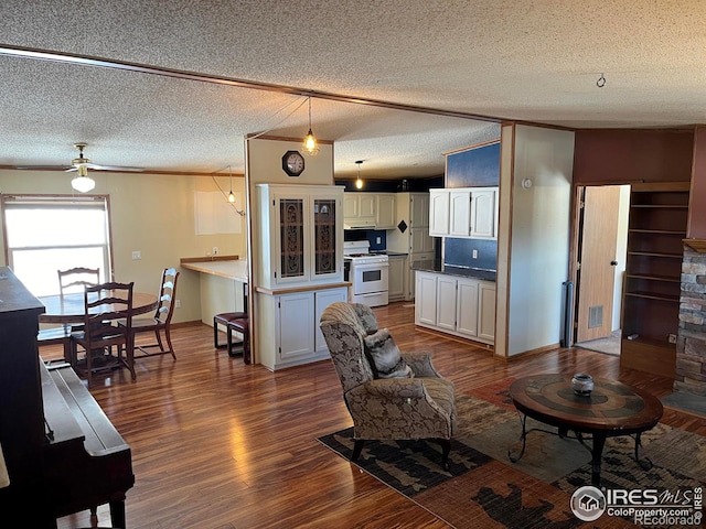 living room with hardwood / wood-style flooring, ceiling fan, and a textured ceiling