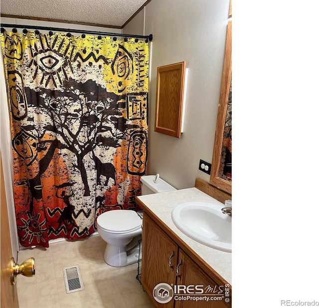 bathroom with vanity, a textured ceiling, and toilet