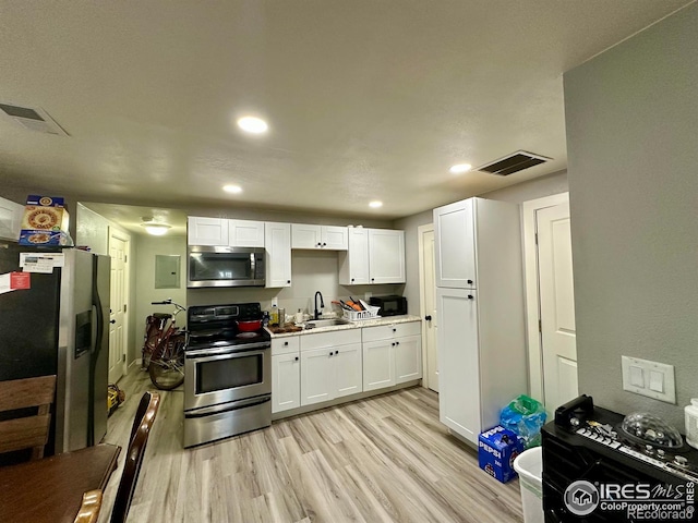 kitchen featuring electric panel, white cabinets, sink, light wood-type flooring, and appliances with stainless steel finishes