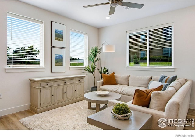 living room with plenty of natural light, light hardwood / wood-style floors, and ceiling fan