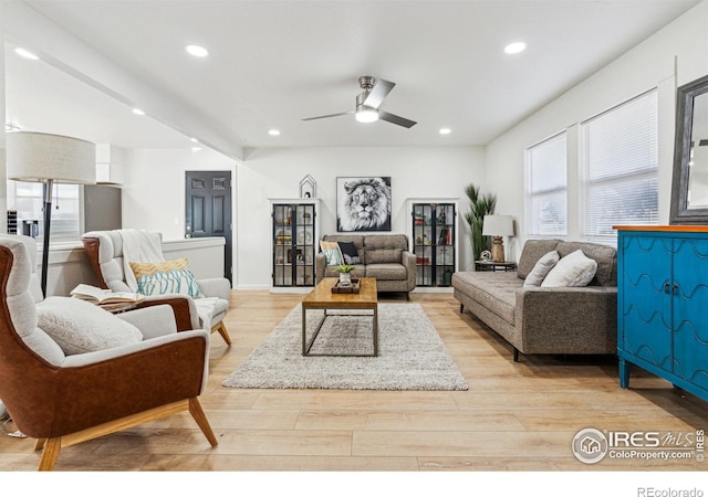 living room featuring ceiling fan and light wood-type flooring