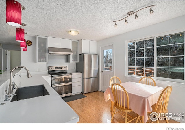 kitchen with appliances with stainless steel finishes, extractor fan, sink, light hardwood / wood-style flooring, and white cabinets