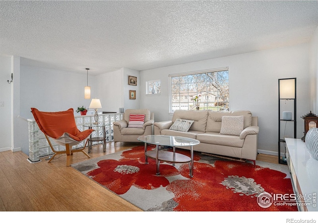 living room featuring hardwood / wood-style floors and a textured ceiling