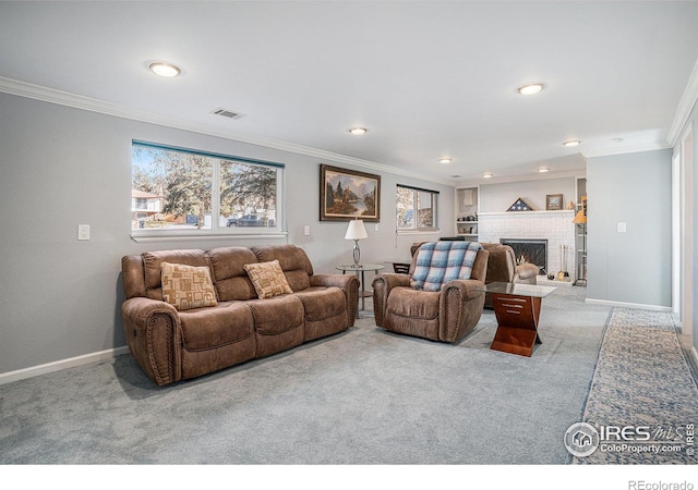 carpeted living room featuring a fireplace and ornamental molding