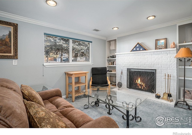 carpeted living room featuring a fireplace, built in features, and crown molding