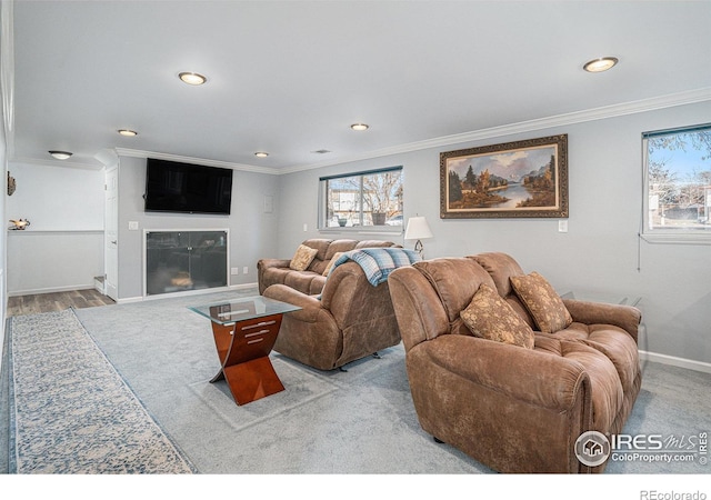 living room with light hardwood / wood-style flooring and crown molding