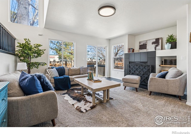 living room with a textured ceiling, carpet floors, and baseboards