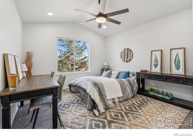 bedroom featuring lofted ceiling, ceiling fan, and recessed lighting