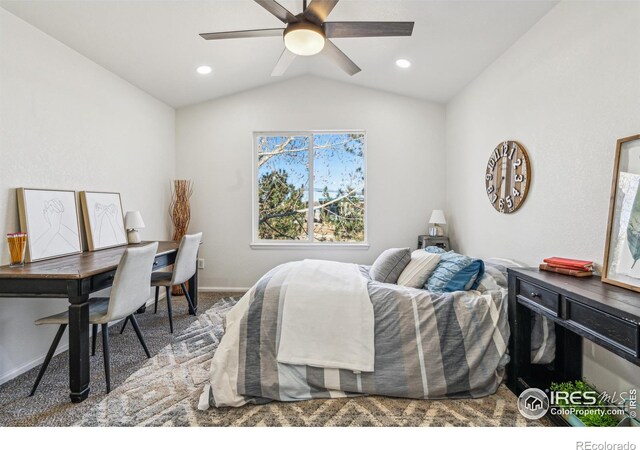 bedroom with recessed lighting, carpet flooring, a ceiling fan, baseboards, and vaulted ceiling