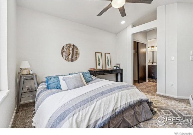 carpeted bedroom featuring ensuite bathroom, ceiling fan, recessed lighting, and baseboards