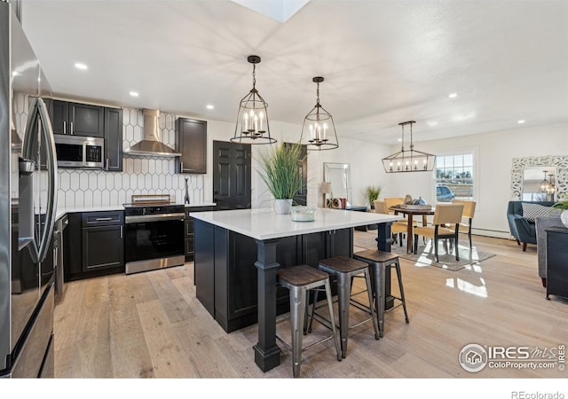 kitchen with wall chimney exhaust hood, decorative light fixtures, decorative backsplash, a kitchen island, and appliances with stainless steel finishes