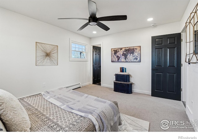 bedroom with light colored carpet, a baseboard radiator, and ceiling fan