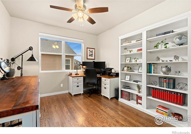 office area featuring ceiling fan and wood-type flooring