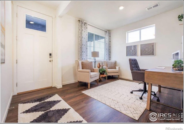 home office featuring dark wood-type flooring