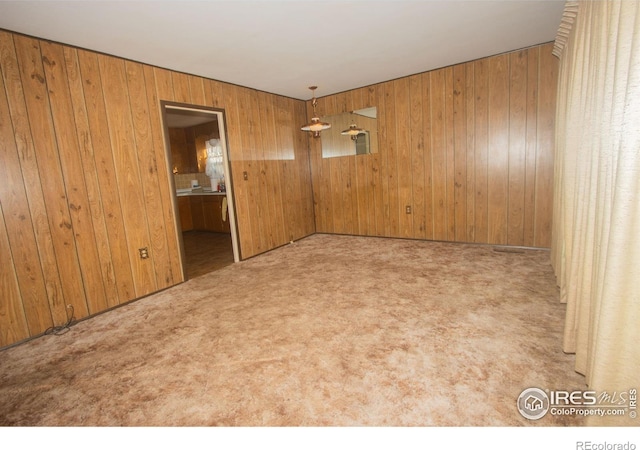 unfurnished room featuring wooden walls and light carpet