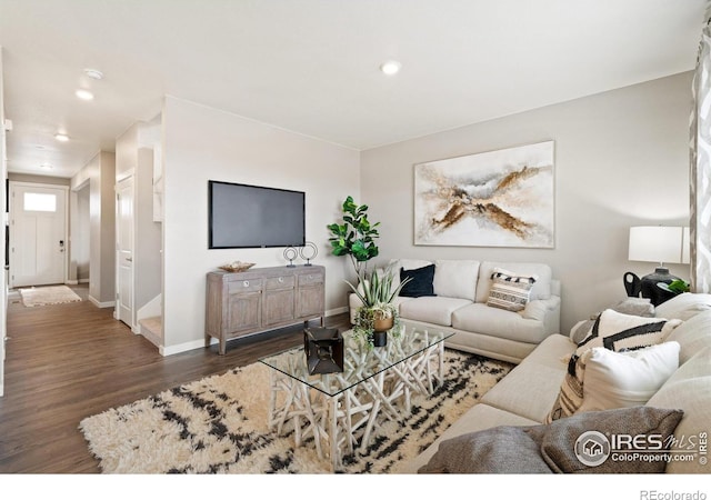 living room with dark wood-type flooring