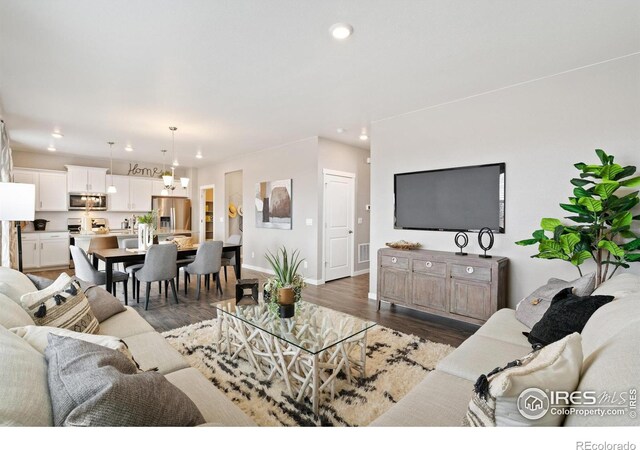 living room with dark hardwood / wood-style floors