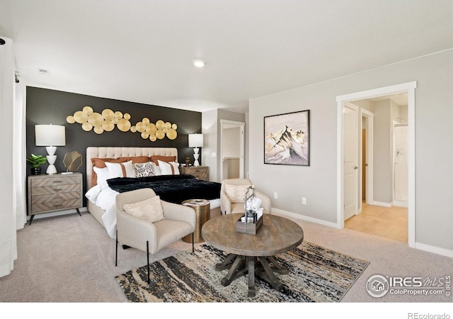 bedroom featuring light colored carpet