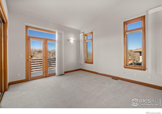 unfurnished room featuring light colored carpet