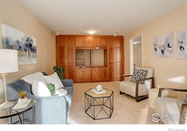 carpeted living room with crown molding