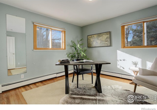 office featuring hardwood / wood-style floors and a baseboard radiator