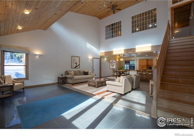 living room featuring hardwood / wood-style floors, ceiling fan, wooden ceiling, and high vaulted ceiling