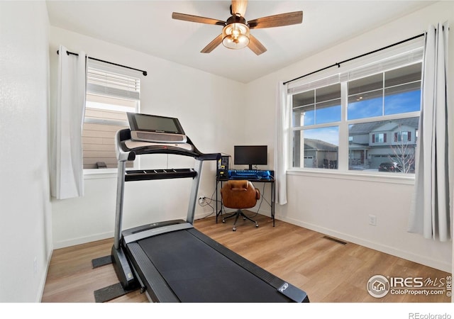 exercise room with ceiling fan and light wood-type flooring