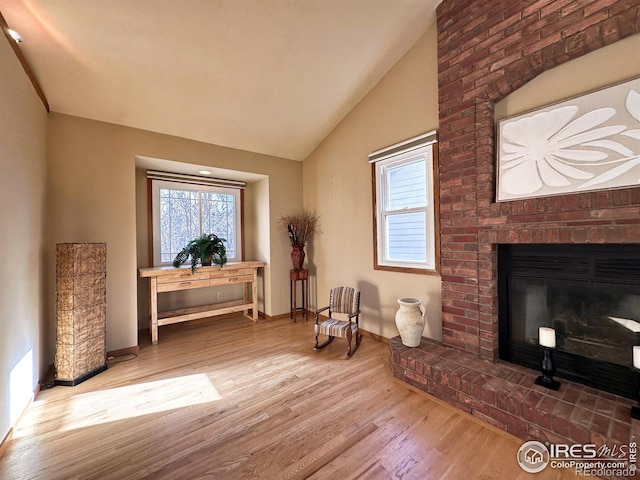 living area with a fireplace, wood-type flooring, and high vaulted ceiling