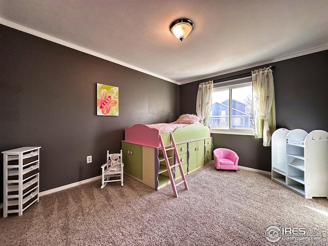 carpeted bedroom featuring ornamental molding and a textured ceiling