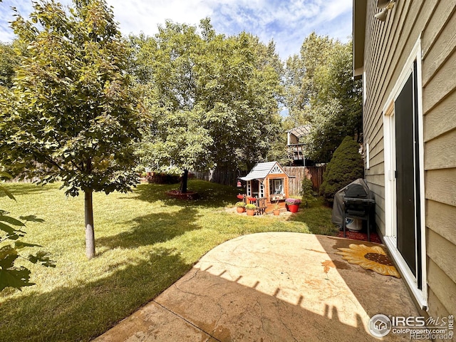 view of yard featuring a patio and an outdoor structure