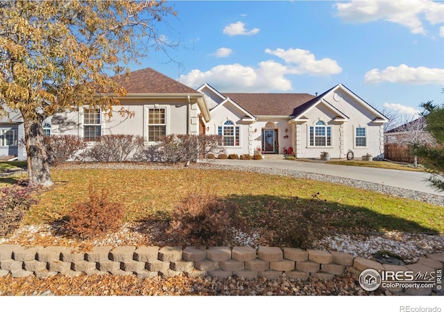 single story home featuring a front lawn